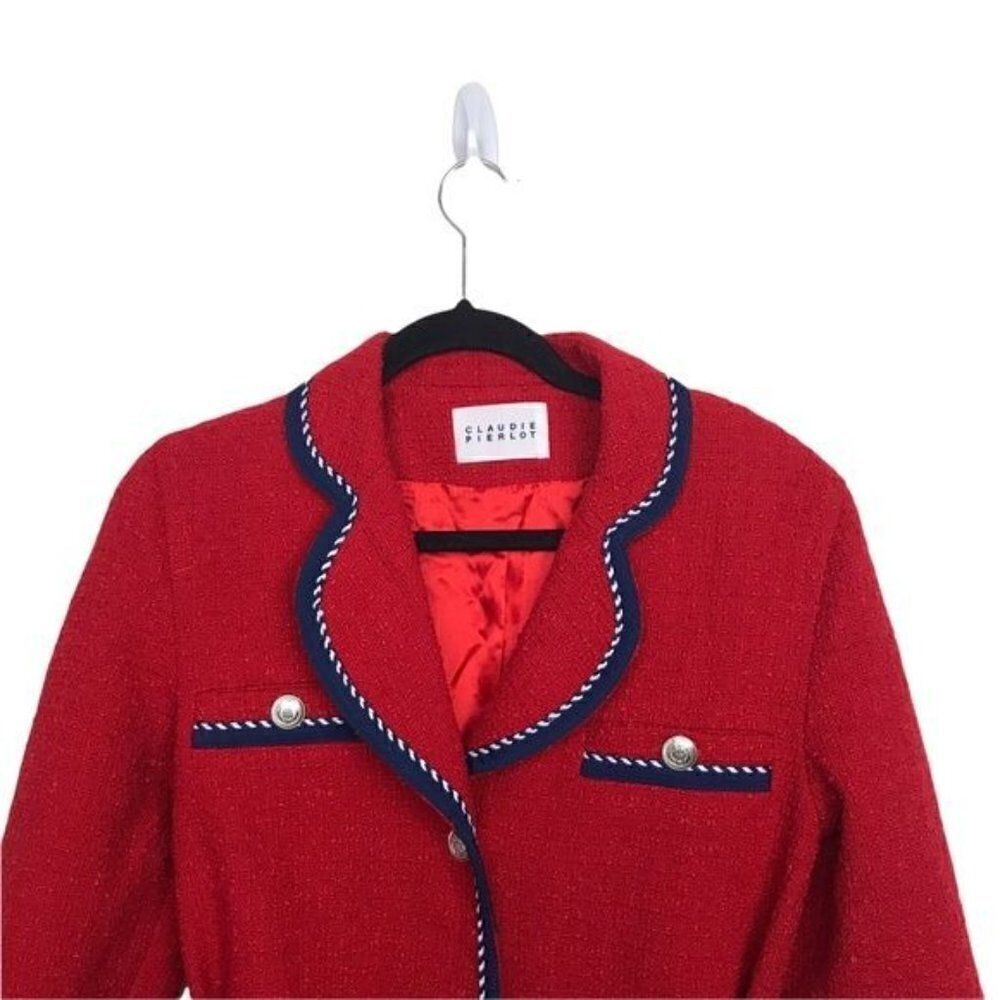 Claudie Pierlot Red Gamin Contrast Trim Tweed Coat Jacket Size 4 - Picture 6 of 15